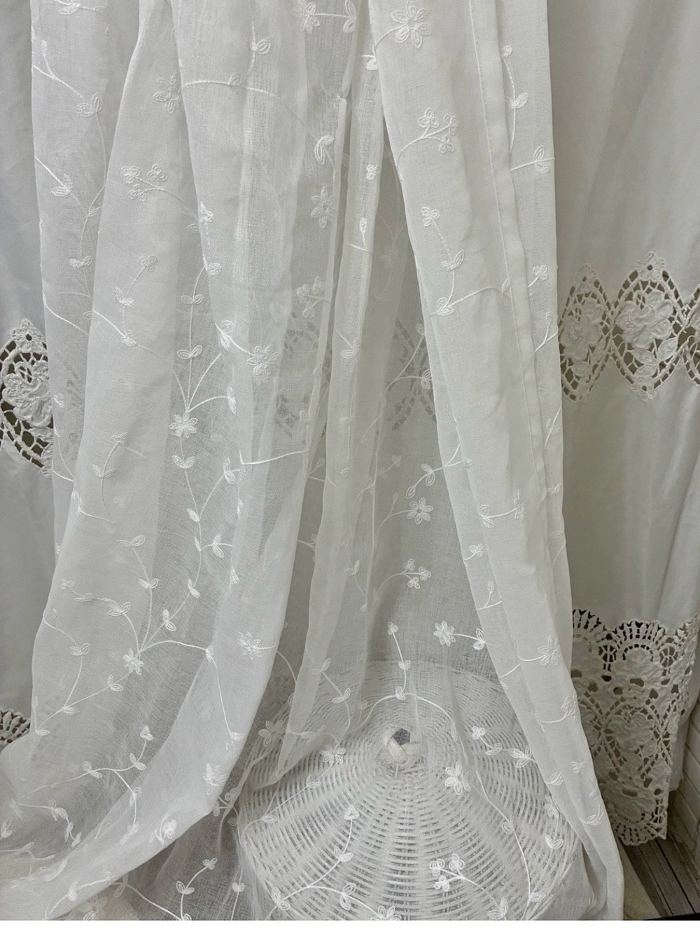 Vintage White Embroidered window curtain panel pleated large 40” x 102